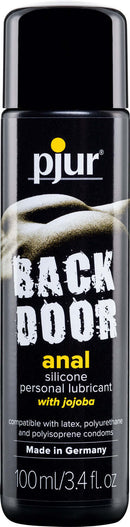 Pjur Backdoor Anal Silicone Lubricant 100 ml bottle with soothing jojoba extract for enhanced anal pleasure and intense penetration.