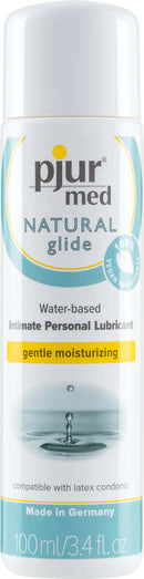Pjur Med Natural Glide Water-Based Lubricant 100 ml bottle with gentle moisturizing formula, suitable for sensitive skin