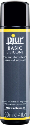 Pjur Basic Silicone Lubricant 100ml bottle – long-lasting, fragrance-free, latex-safe personal lubricant for moisturizing and massage.