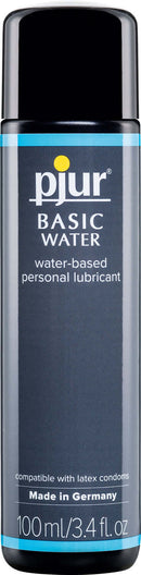 Pjur Basic Water-Based Personal Lubricant 100 ml bottle, water-based formula for long-lasting lubrication, compatible with latex condoms.