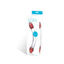 Glas Red Head Double Dildo Glass in packaging with vibrant spiraled red bulbous heads - A Sensual Work of Art for Couples