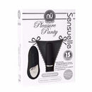 Sensuelle Pleasure Panty Black in packaging with 15-Function Remote Control, USB rechargeable bullet, and black lace panty.