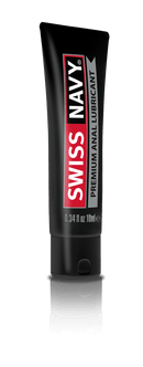 Swiss Navy Premium Anal Lubricant 10ml tube featuring a sleek design for ultimate comfort and satisfaction.