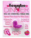 Tongue Dinger Vibrating Tongue Ring Purple packaging displaying toy features and instructions for enhancing oral pleasure.