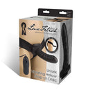 Lux Fetish Unisex Vibrating Hollow Strap-On Dildo in packaging, showcasing black strap and dildo with remote control.