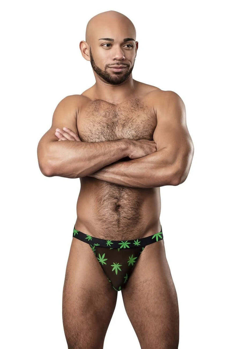 Man wearing HAZY DAYZ Pot Leaf Jockstrap in L/XL with bold pot leaf design, showcasing a sporty and stylish look.