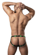 Bold pot leaf print jockstrap rear view, size L/XL, showcasing minimal coverage and maximum support for a sporty, sexy look.