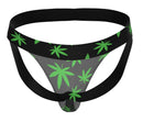 HAZY DAYZ Pot Leaf Jockstrap S/M with bold green pot leaf design on black microfiber fabric showcasing minimal coverage and sporty style.
