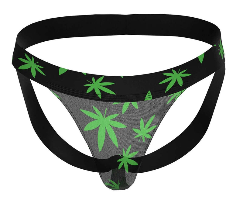 HAZY DAYZ Pot Leaf Jockstrap S/M with bold green pot leaf design on black microfiber fabric showcasing minimal coverage and sporty style.