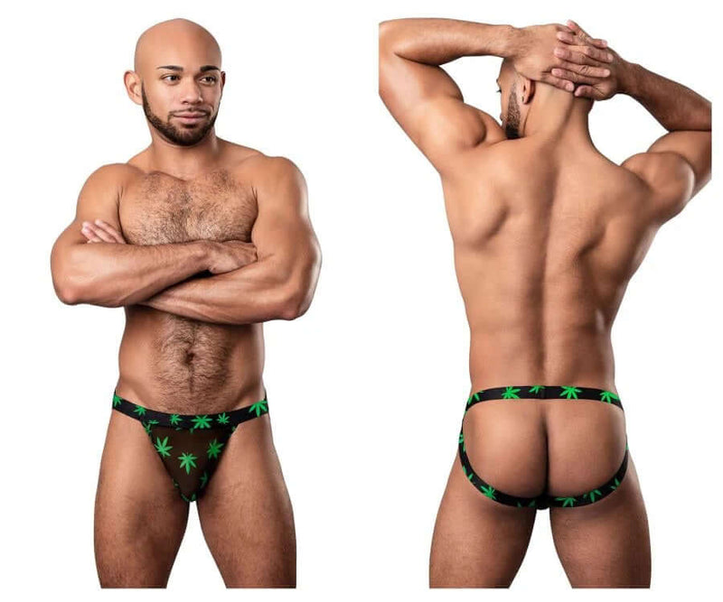Person wearing HAZY DAYZ Pot Leaf Jockstrap L/XL, featuring a bold pot leaf print and minimal coverage for a sporty, sexy look.