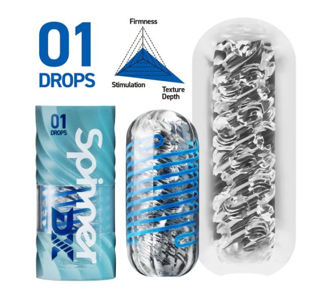 Tenga Spinner DX 01 Drops Stroker packaging and product details showcasing firmness, stimulation, and texture depth.