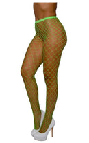 Dreamgirl Pantyhose Fence Net Neon Lime OS worn by a model with stylish high heels in a vibrant neon green color.