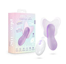 Play With Me Flutter Love Clitoral Vibrator Purple with packaging and remote control, showcasing design and features.