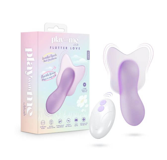 Play With Me Flutter Love Clitoral Vibrator Purple with packaging and remote control, showcasing design and features.