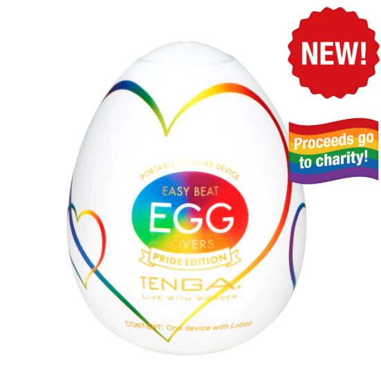 Tenga Egg Lovers Pride Edition Stroker in vibrant PRIDE colors with charity proceeds message.
