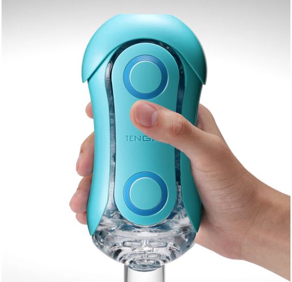 Tenga Flip Orb Ocean Blue Stroker being held, showcasing its ergonomic design and dynamic stimulation features.