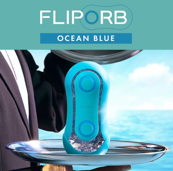 Tenga Flip Orb Ocean Blue Stroker displayed on a platter with ocean background, emphasizing its unique design and features.