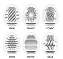 Image showcasing the different textures of Tenga Egg Hard Gel Package: Spiral, Shiny II, Combo, Cone, Misty II, Gear.