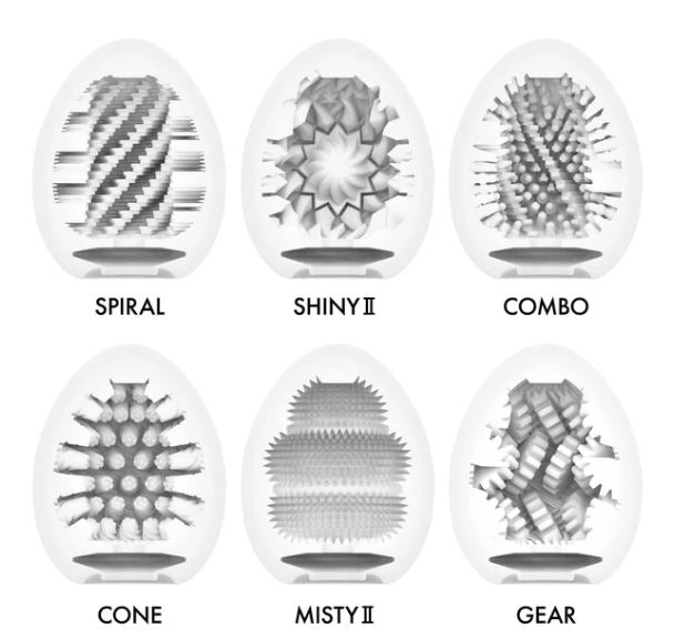 Image showcasing the different textures of Tenga Egg Hard Gel Package: Spiral, Shiny II, Combo, Cone, Misty II, Gear.