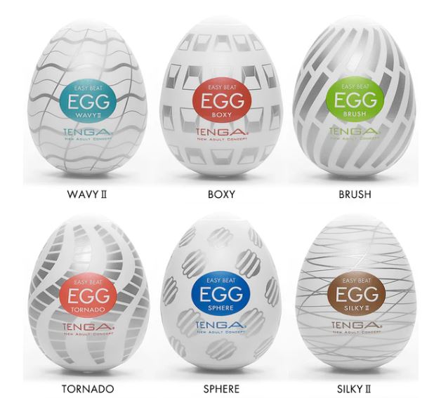 Tenga Egg Variety Pack Standard featuring Wavy II, Boxy, Brush, Tornado, Sphere, and Silky II designs.