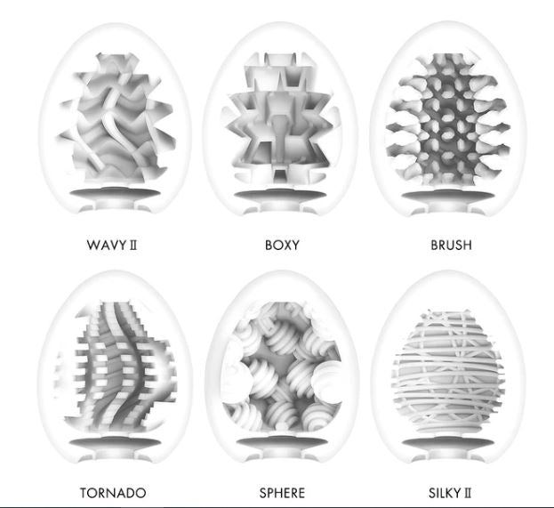 Tenga Egg Variety Pack Standard showcasing six unique textures: Wavy II, Boxy, Brush, Tornado, Sphere, Silky II.