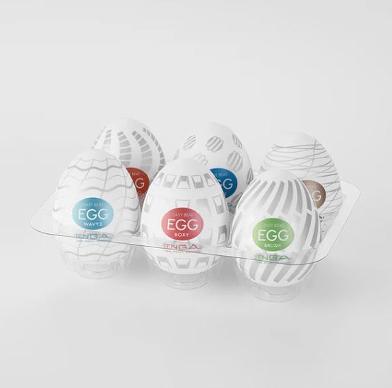 Tenga Egg Variety Pack Standard features six unique eggs in a clear tray, showcasing their diverse textures and designs.
