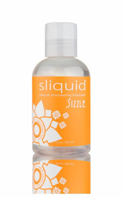 Sliquid Sizzle warming water-based lubricant in 4.2 oz bottle, featuring bright orange label.