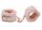 Peach-colored faux fur handcuffs with rose gold accents for luxury bondage.