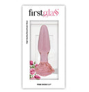 First Glass Pink Rose Butt Plug 5.5 inches in elegant pink borosilicate glass packaging with rose design.