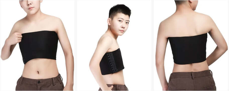 Three views of a person wearing a strapless chest compression binder with an adjustable fit, showcasing its moderate compression support.