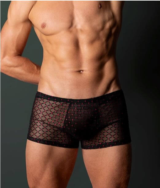 Black mesh men's trunks with high-cut legs and supportive pouch, designed for style and comfort.