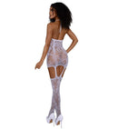 Dreamgirl Lace & Seamless Dress Garter White OS showcased on a model, highlighting the intricate lace and strappy design.