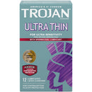 Trojan Ultra Thin Armor Spermicidal Condoms 12 Pack packaging, designed for ultra sensitivity and STI protection.