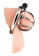 Blue Line Little Cock Chastity Cage Stainless Steel shown from the side with a skin-toned background.