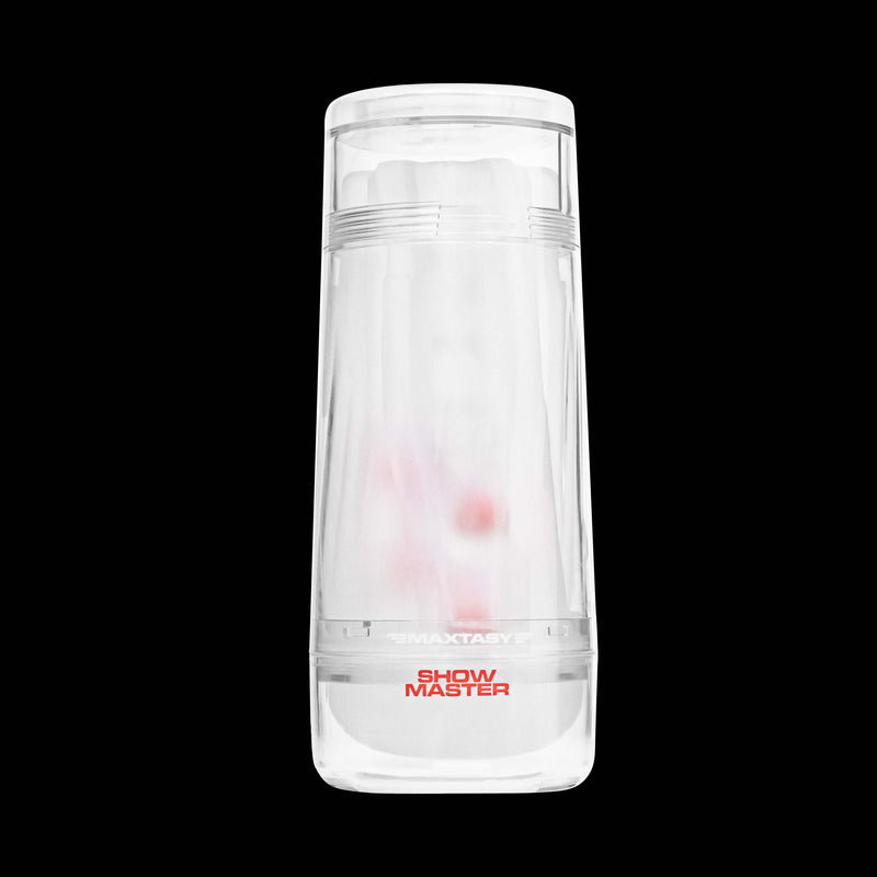 MAXTASY Show Master Pleasure Stamina Trainer with Ultra-Soft Sleeve in clear design against black background