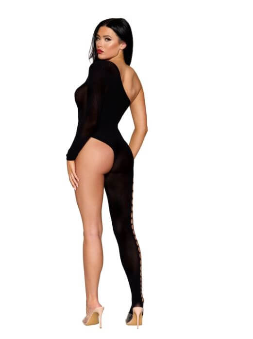 Asymmetrical Semi-Sheer Black Bodystocking with Fence Net Side Detail, One Size, worn by model, showcasing seductive and bold design