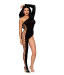 Asymmetrical semi-sheer black bodystocking with fence net side detail, showcasing seductive curves and bold design - one size.