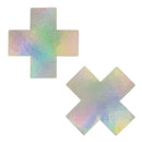 Pastease Plus X Silver Holographic Cross Nipple Pasties displayed in shimmering colors.