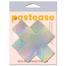 Pastease Plus X Silver Holographic Cross Nipple Pasties in packaging with iridescent finish.