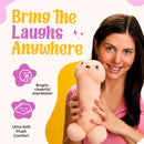 Happy Peckers Penis Pillow Small held by a smiling woman, showcasing its bright expression and plush comfort.