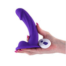 Colours Curve Vibrating Dildo with Remote Control 6 inch Purple being held in hand, showcasing its design and remote.