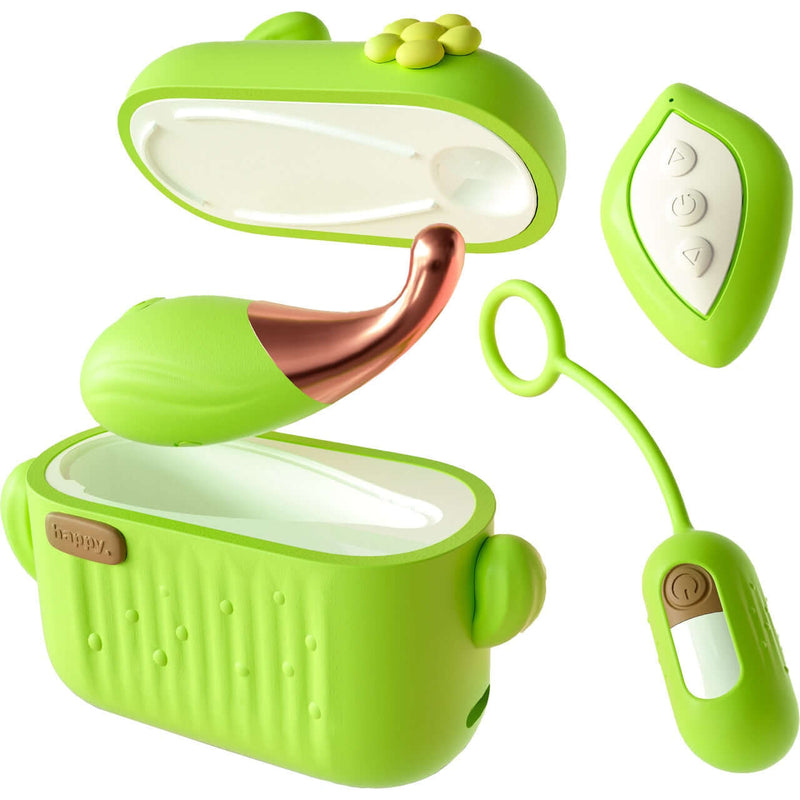 Play With Me Blooming Bliss Green mini vibrating wand and remote-control egg set with USB-C charging case.