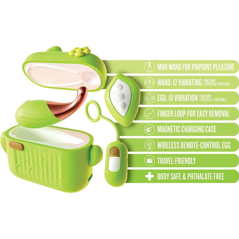Blooming Bliss Green vibrator set with mini wand, remote-control egg, USB-C charging case, wireless, body safe, and travel-friendly features.