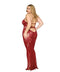 Plus size model in an oxblood lace bodystocking gown with rhinestone embellishments and open back.
