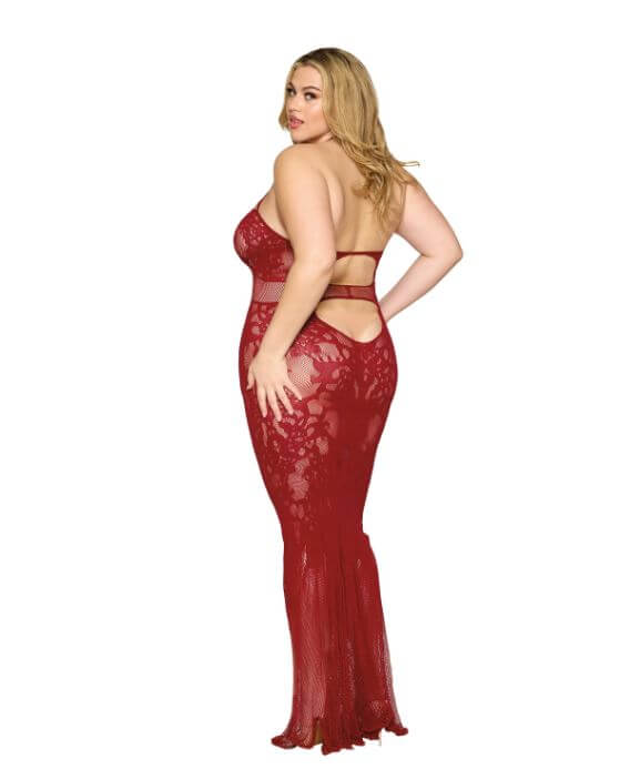 Plus size model in an oxblood lace bodystocking gown with rhinestone embellishments and open back.