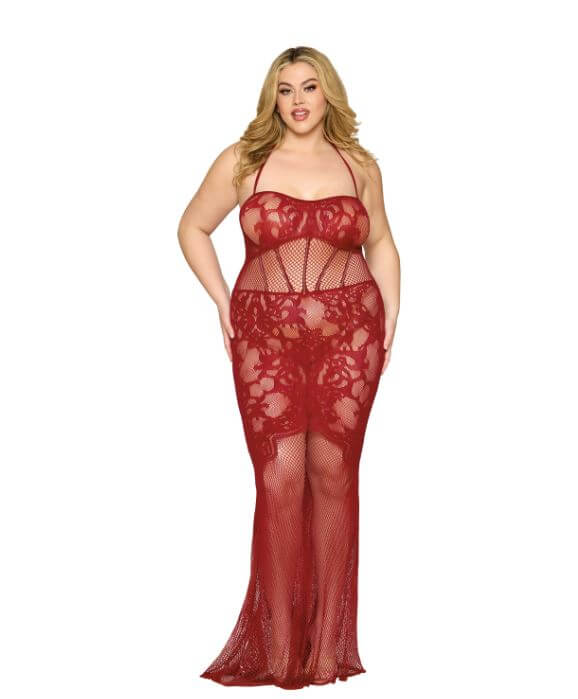 Plus size model wearing the Oxblood Lace Bodystocking Gown with rhinestone embellishments, featuring a fishnet waist corset and keyhole open back.