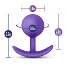 Luxe Wearable Vibra Plug Purple dimensions: 1.8in width, 3.3in height, 2.8in insertable length.