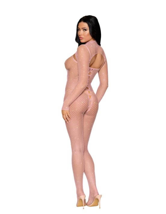 Woman wearing Rose Quartz Fishnet Bodystocking & Shrug Set with Iridescent Rhinestones, showcasing a bold and sexy look from the back.