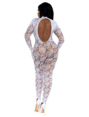 Dreamgirl White Gloved Bodystockings Queen Size showcasing a lace design with an open back, enhancing curves and fit.