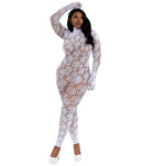Dreamgirl White Gloved Bodystockings Queen Size on a model showcasing elegant lace design and flattering fit.